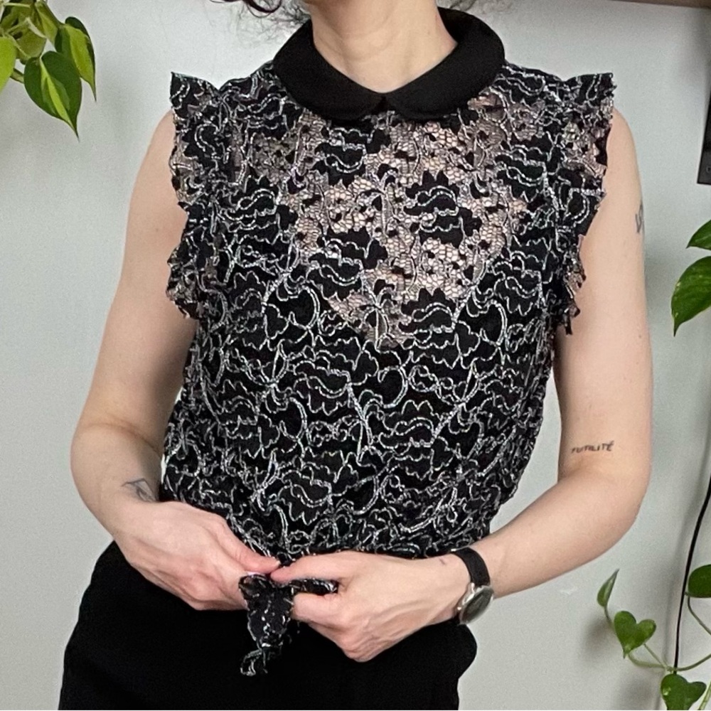 Zara Lace Sheer Top with Collar in Black - S